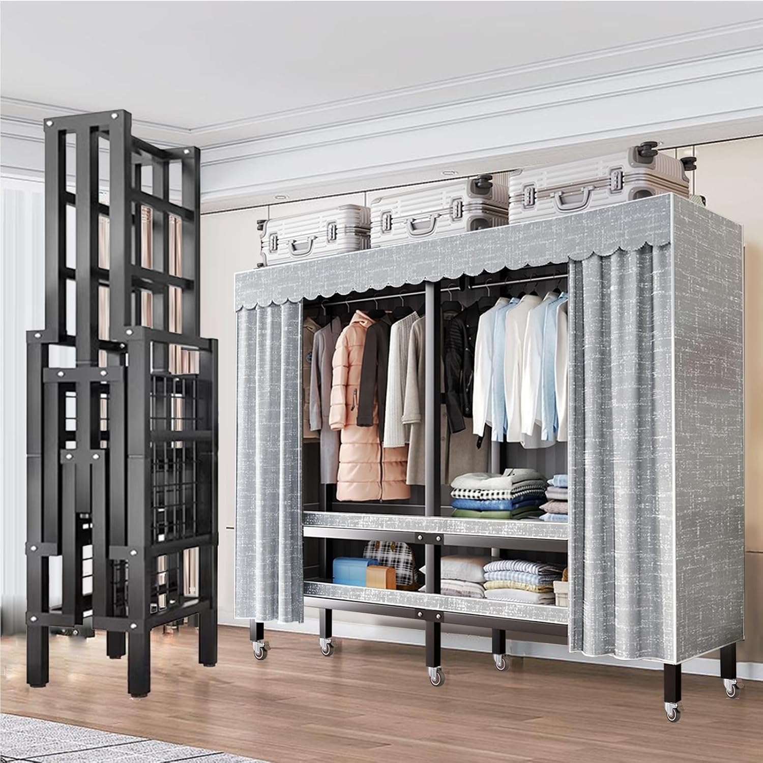 Large Heavy-Duty Portable Wardrobe Closet Rack with Cover - Rolling Freestanding Clothes Organizer System for Hanging Clothes