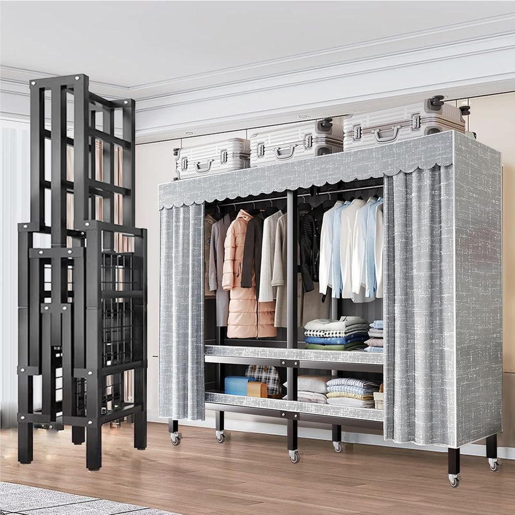Large Heavy-Duty Portable Wardrobe Closet Rack with Cover - Rolling Freestanding Clothes Organizer System for Hanging Clothes