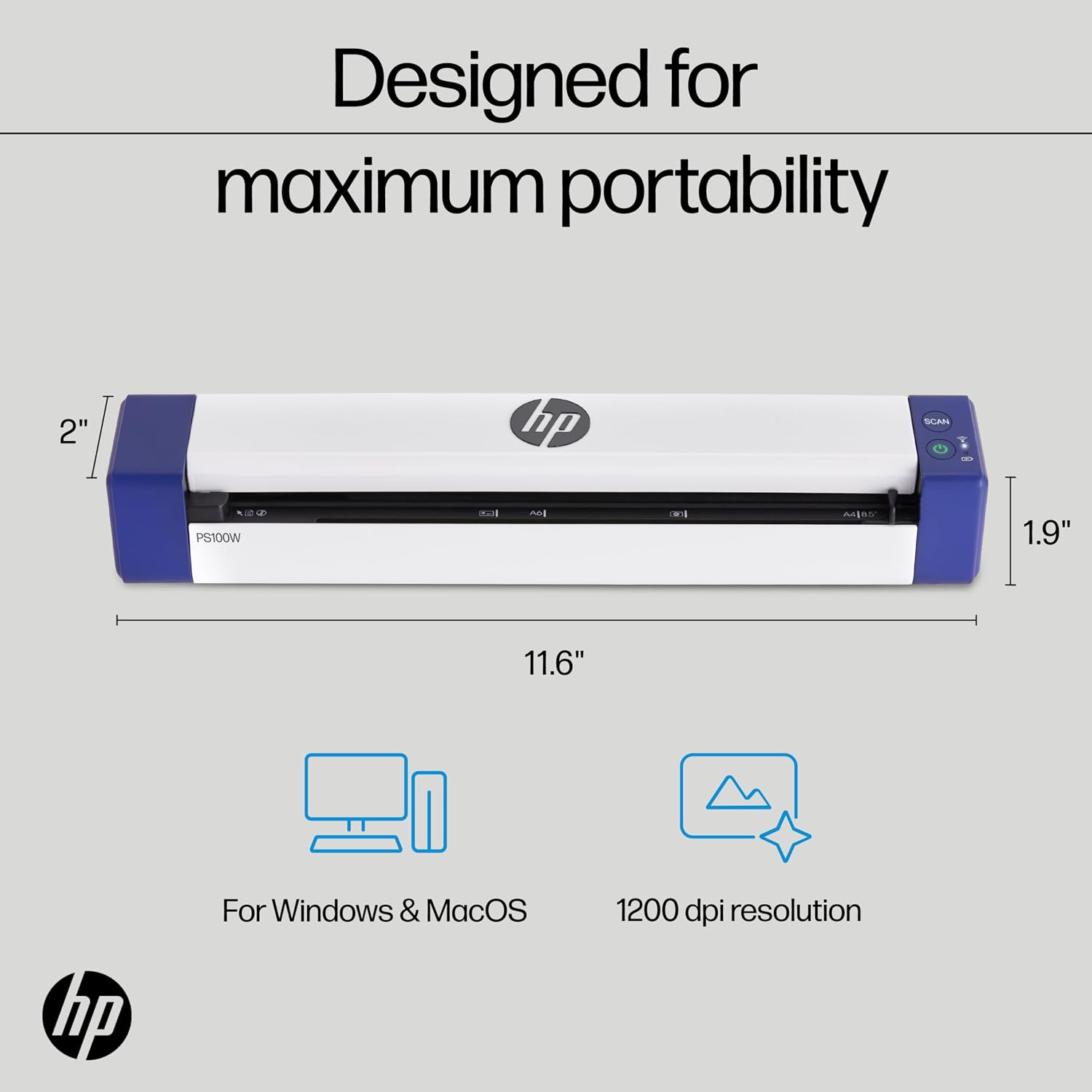 HP PS100W Portable Document Scanner - Wi-Fi & USB, 300 DPI, 8.5x14 in - Mobile Scanner for On-the-Go Use - Office Electronics for Home & Office - Compatible with Mac & Windows PC and Laptop