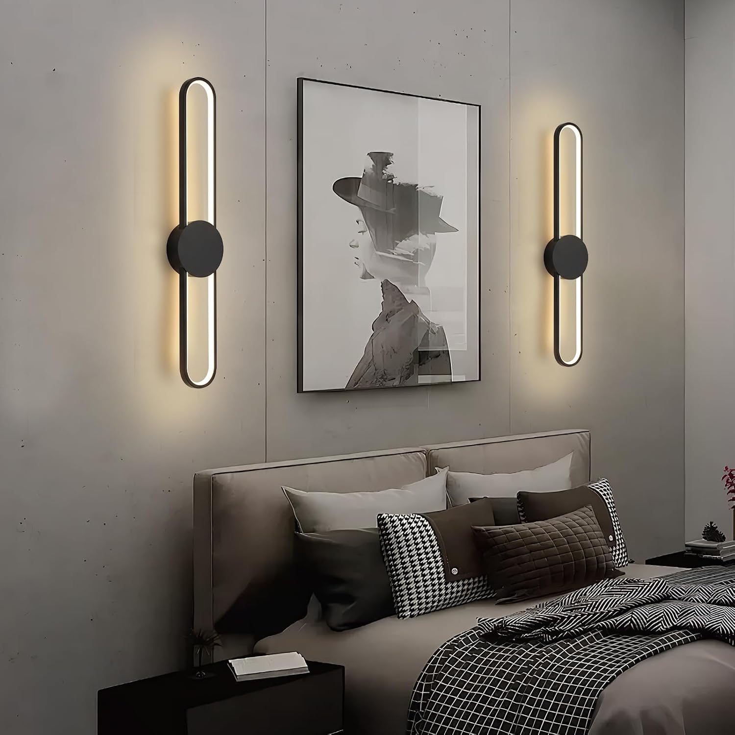 Battery Operated Wall Sconces Set of Two,31.4in Wireless Modern Wall lamps for living room,15000mah Rechargeable LED Wall Lights with Remote,3 Color Dimmable Black Wall Sconce for Bedroom,Hallway.