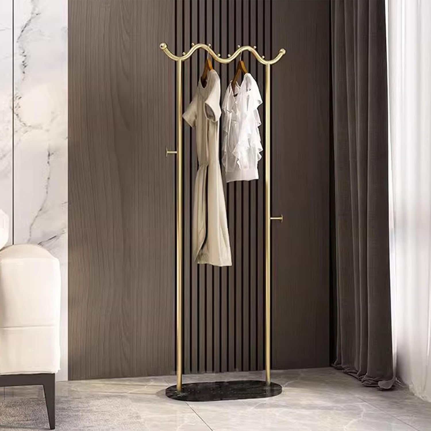 Heavy duty Garment rack Modern Metal Clothing Rack With Marble Base, Freestanding Coat Rack With Hanging Rod And 2 Hooks, Space Saving Clothes Organizer For Bedroom And Office, 50X30X170CM (Gold+blac