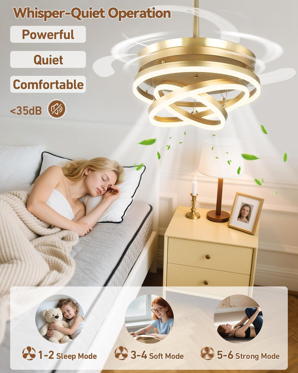 42 Inch Retractable Ceiling Fan with Lights, Gold Fandelier Chandelier Fan with Remote, 6-Speed Silent DC Motor, 3000K-6500K Dimmable LED Light, Modern Ceiling Fan for Bedroom Living Room Dining Room