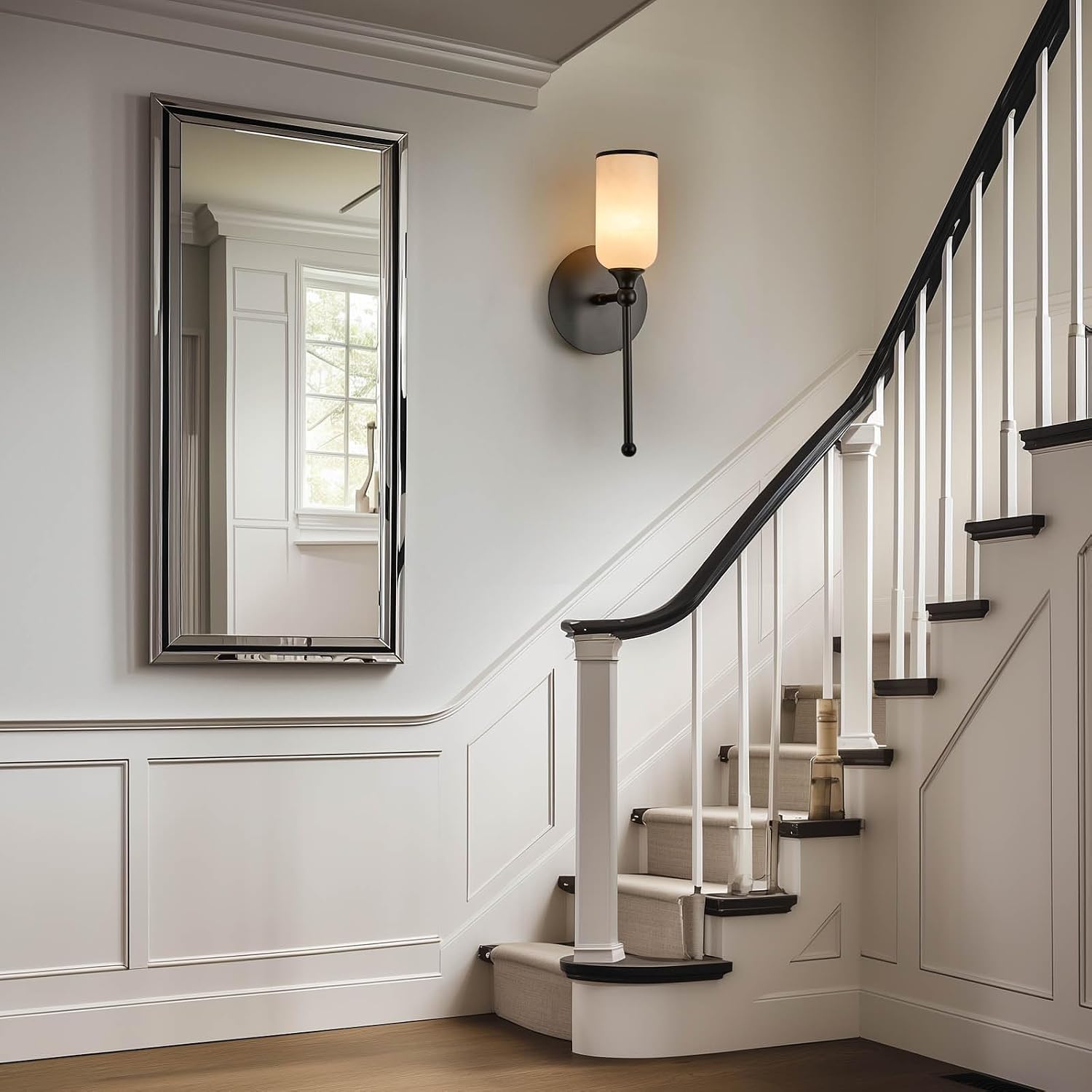 Alabaster Wall Sconce Set of Two, 15.4inch Natural Marble Lampshade Wall Sconce, Hardwired Sconce LED Modern Wall Lamp for Bedroom, Stairs, Living Room, Bedside, Hallway Black
