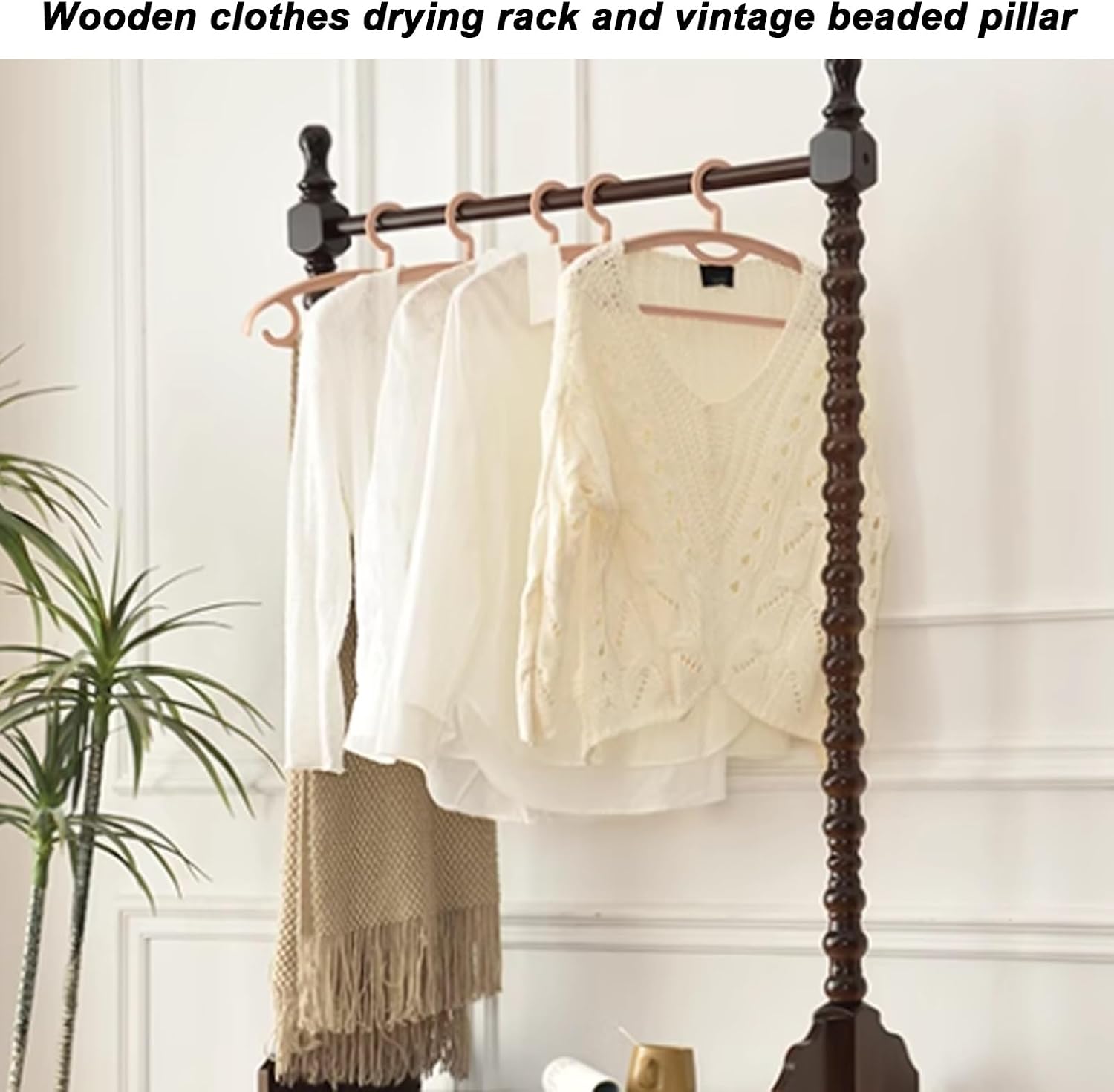 Chinese Clothes Rack, Solid Wood Clothing Rack with 2-Tier Bedside Table, Freestanding Garment Rack, Large Capacity Coat Rack for Hanging Clothes, Coats, Shirts