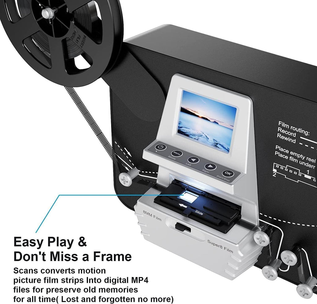 8mm & Super 8 Film to Digital Converter, Film Scanner Digitizer with 2.4' Screen, Convert 3'5'7'9'Reels View Frame by Frame into 1080P Digital MP4 Files,Sharing & Saving on 32GB SD Card