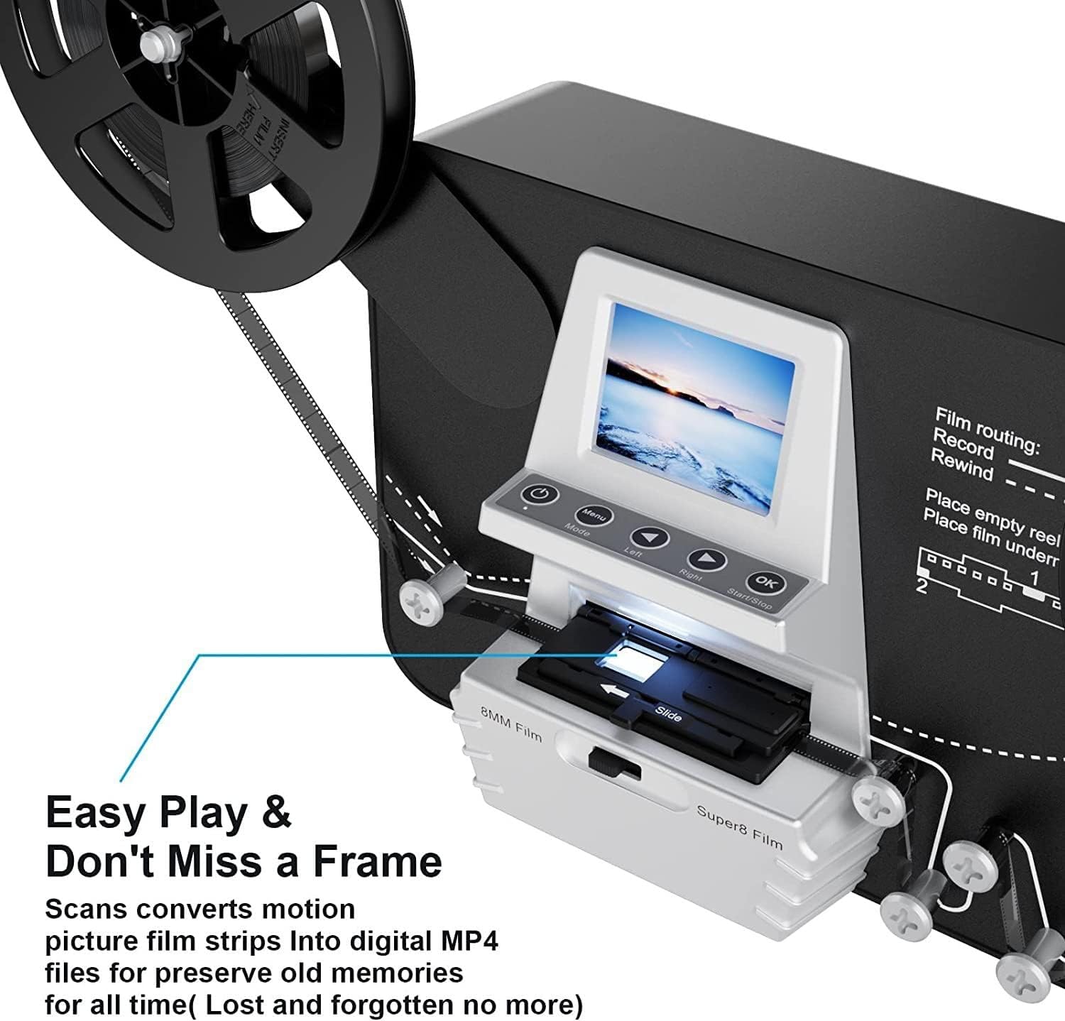 8mm & Super 8 Film to Digital Converter, Film Scanner Digitizer with 2.4' Screen, Convert 3'5'7'9'Reels View Frame by Frame into 1080P Digital MP4 Files,Sharing & Saving on 32GB SD Card