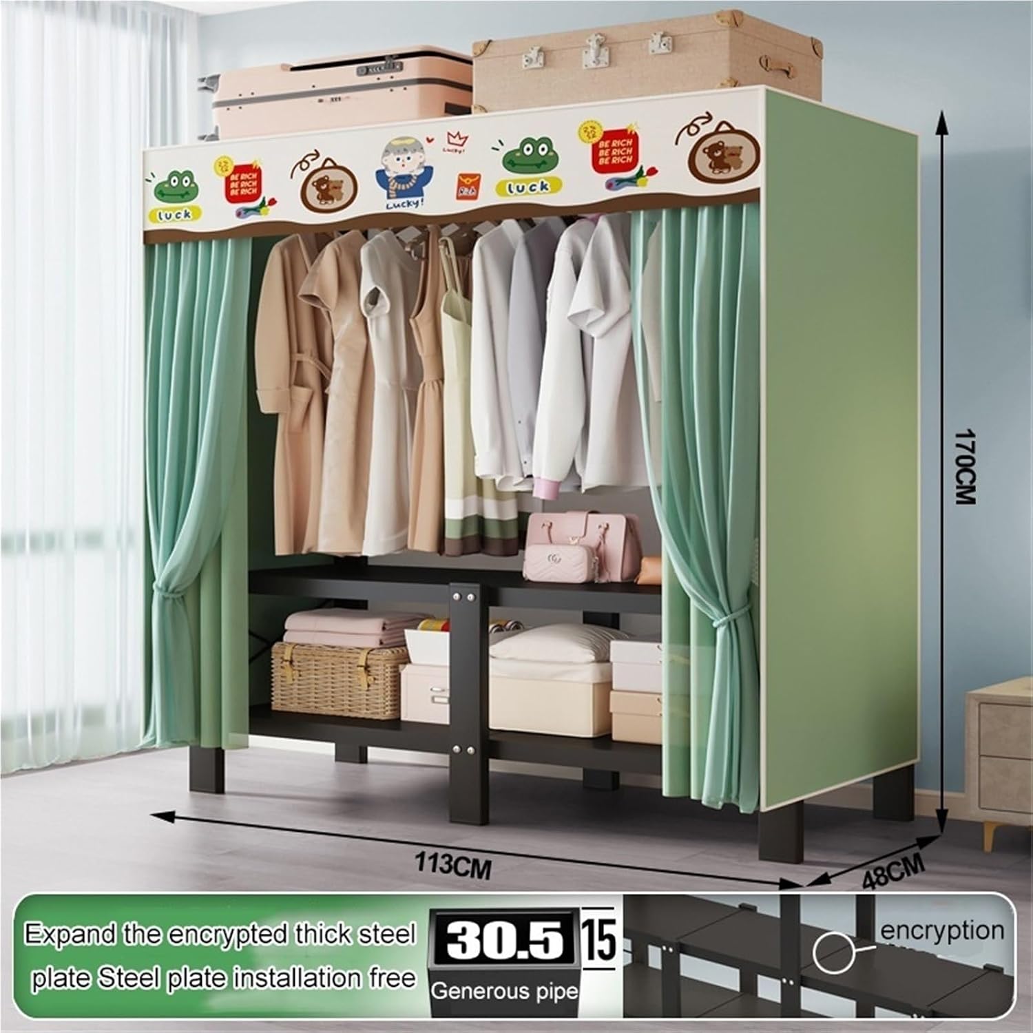 Portable Closets,Heavy Duty Portable Closet With Cover,Freestanding Clothing Rack, For Hanging Armoire Wardrobe Closet System Freestanding Coat Storage Garment Racks(113X48X170CM)