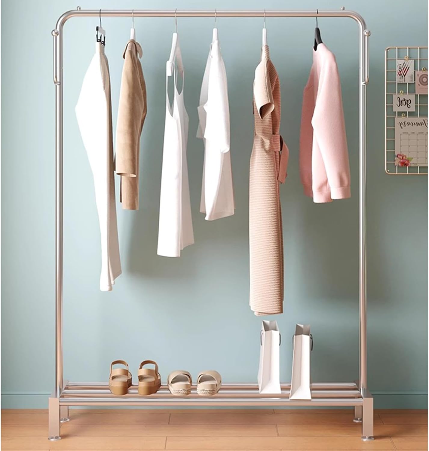 Heavy duty Garment rack Silver Stainless Steel Clothing Rack On Wheels For Hanging Clothes, Heavy Duty Clothes Organizer With Shelves And Hooks Freestanding Coat Rack For Bedroom And Laundry ( 80X40X