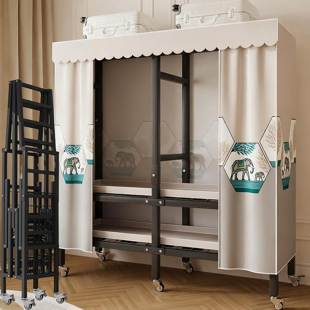 Metal Wardrobe Closet Rack 1500lbs Heavy Duty Foldable Garment Rack with Cover and Wheels Foldable Freestanding Clothes Organizer Enclosed Armoires for Hanging Clothes F 66.9'/170CM (C 49.2)