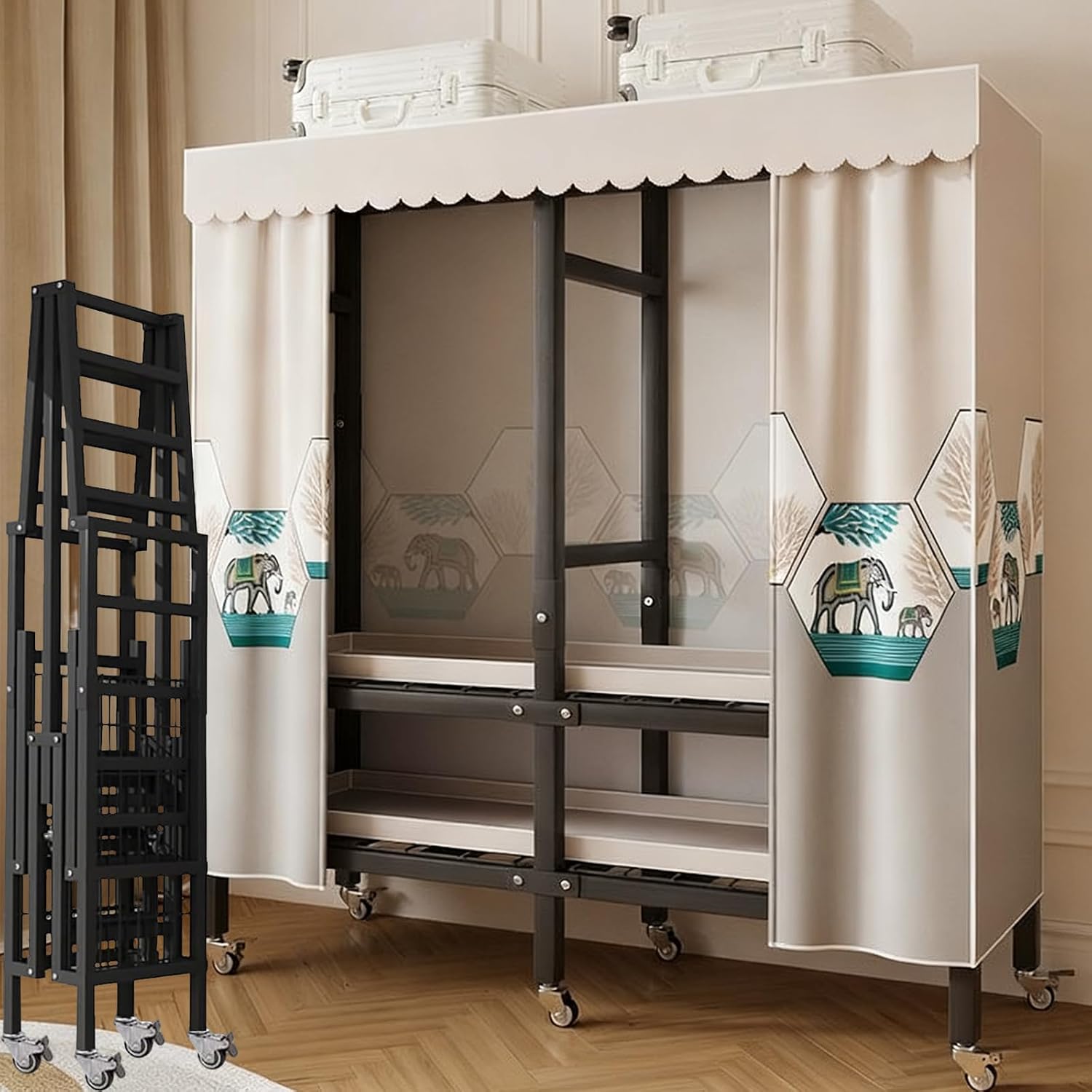 Metal Wardrobe Closet Rack 1500lbs Heavy Duty Foldable Garment Rack with Cover and Wheels Foldable Freestanding Clothes Organizer Enclosed Armoires for Hanging Clothes F 66.9'/170CM (C 49.2)