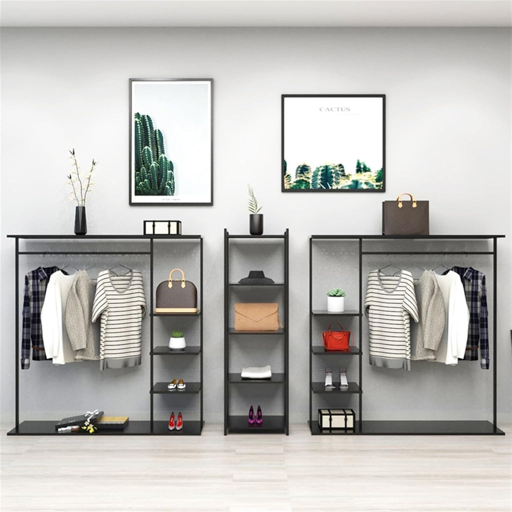 Hangers Display Stand - Garment Rack With Shelf, Metal Clothing Rack Free Standing Closet Organizer With 5 Tier Shelf,Large Clothing Display Stand For Home, Clothing Stores Organizer Shelf(Color:Black