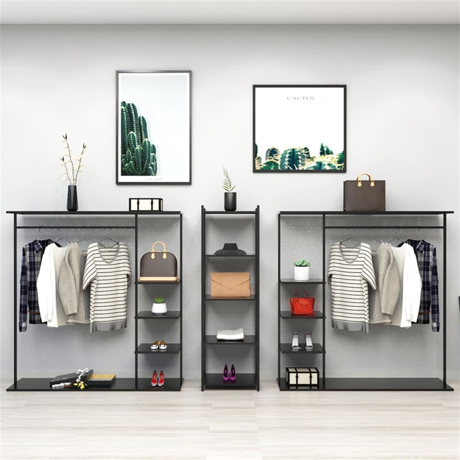 Hangers Display Stand - Garment Rack With Shelf, Metal Clothing Rack Free Standing Closet Organizer With 5 Tier Shelf,Large Clothing Display Stand For Home, Clothing Stores Organizer Shelf(Color:Black