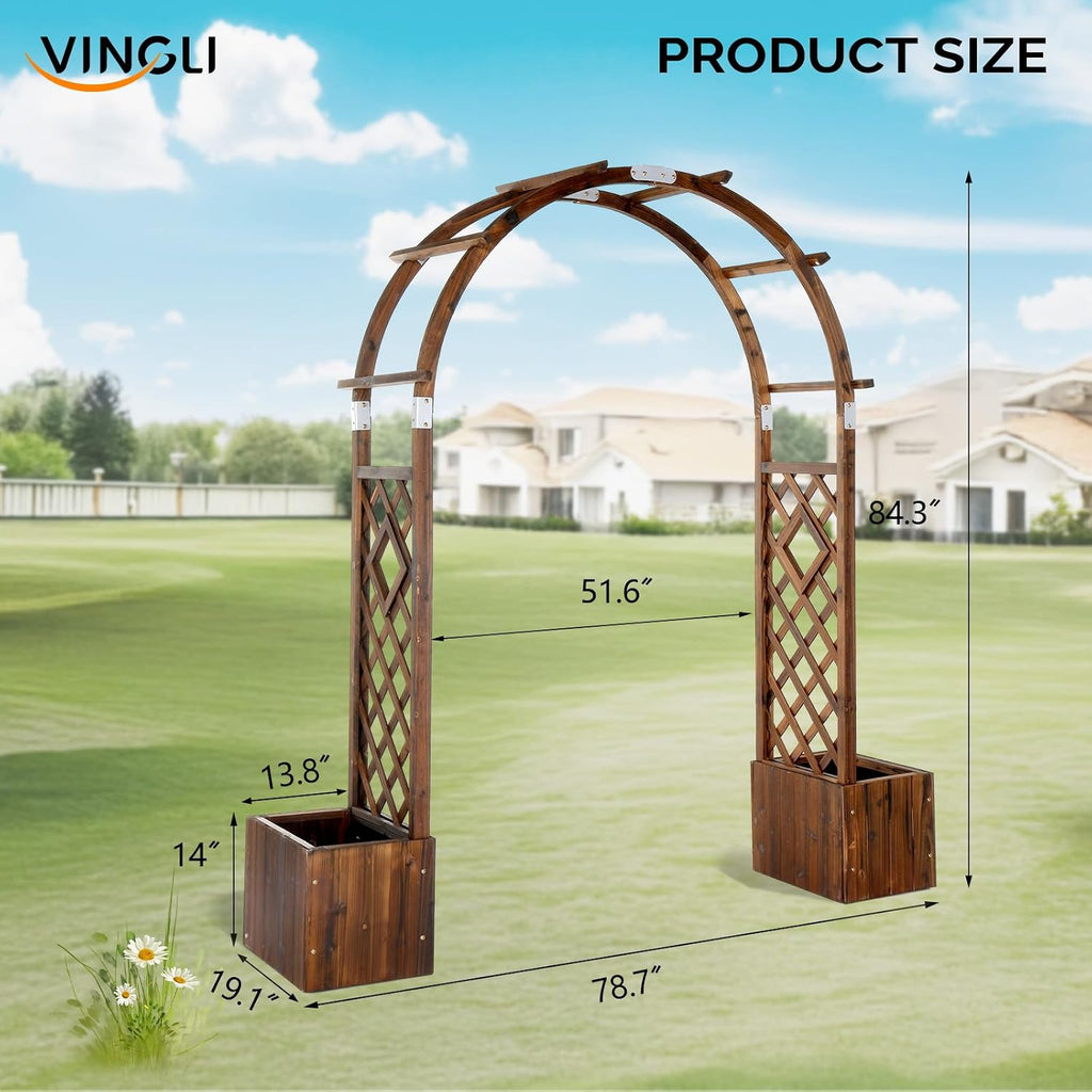 VINGLI Wooden Garden Arbor, Heavy Duty Outdoor Frame Trellis with Planter for Ceremony, Wood Trellis Garden Arch Pergola for Plant Climbing, Patio, Lawn, Wedding (with Planter)