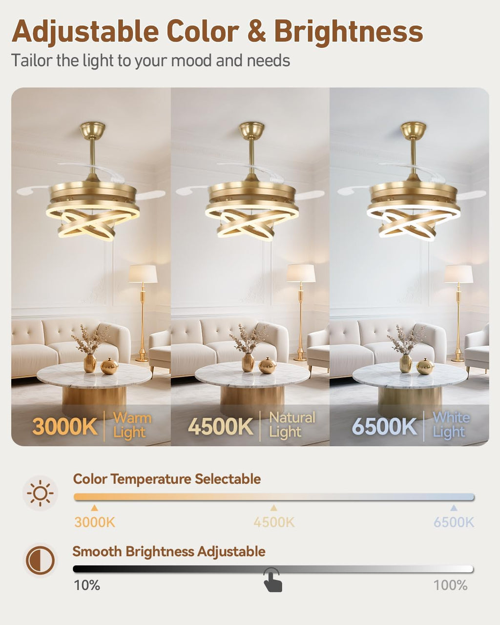 42 Inch Retractable Ceiling Fan with Lights, Gold Fandelier Chandelier Fan with Remote, 6-Speed Silent DC Motor, 3000K-6500K Dimmable LED Light, Modern Ceiling Fan for Bedroom Living Room Dining Room