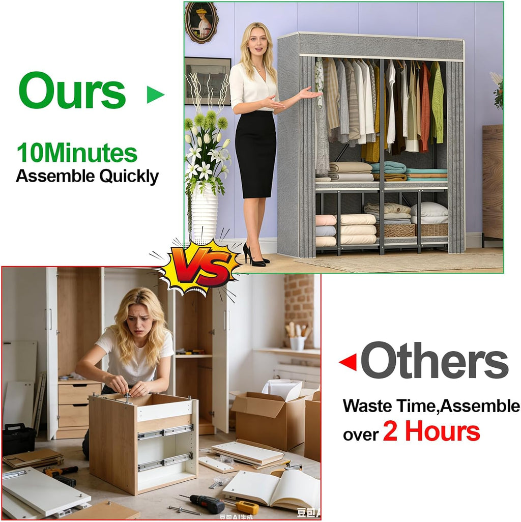 Heavy Duty Clothing Racks for Hanging Clothes with Cover, 95% Assembled Freestanding Foldable Portable Clothes Rack, 59'Lx70 H