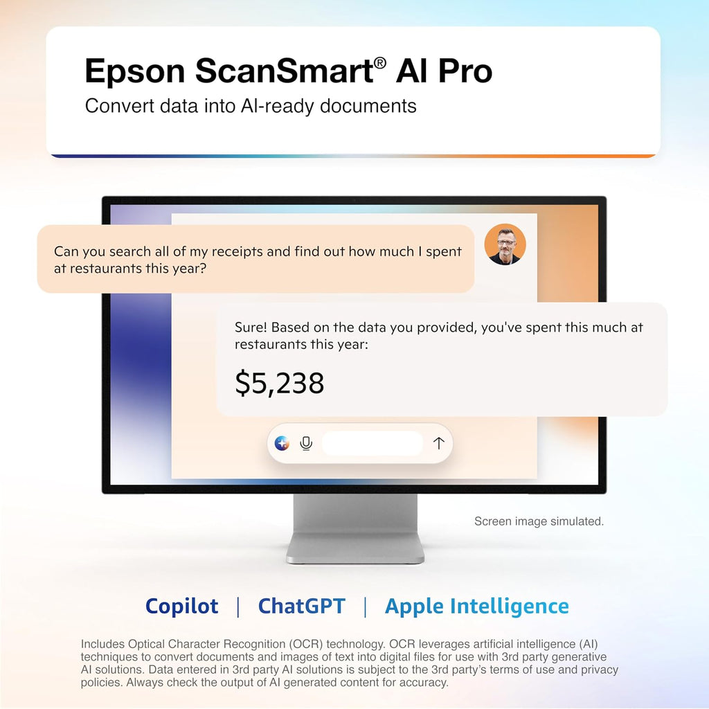 Epson RapidReceipt RR-70W Wireless Mobile Tax Receipt and Color Document Scanner with Complimentary Data Management Software for PC and Mac