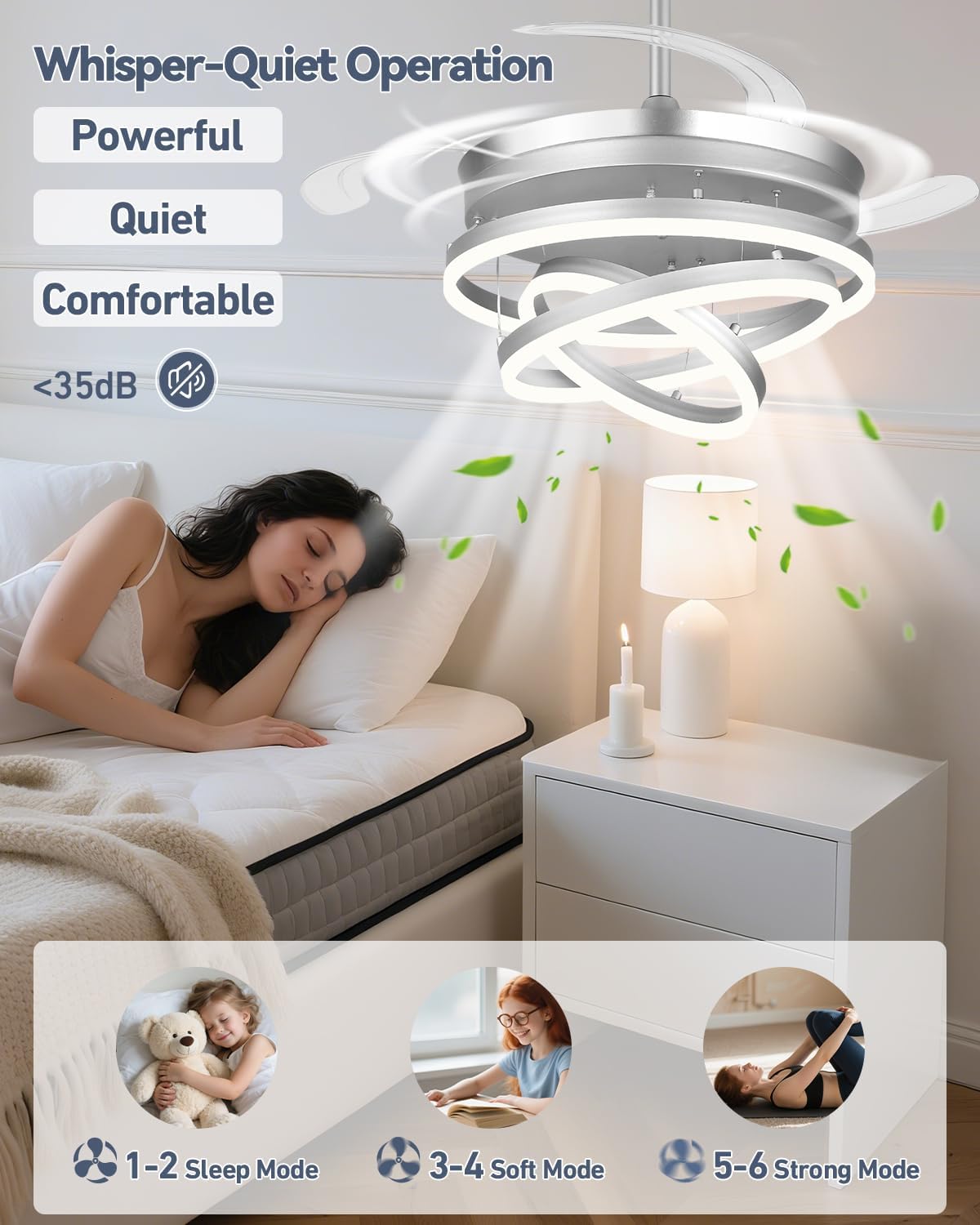 42 Inch Retractable Ceiling Fans with Lights and Remote, Modern Chandelier Fandelier Ceiling Fans, Quiet Reversible DC Motor, 6 Speeds, 3 Color Dimmable LED for Bedroom Living Room (Silver)