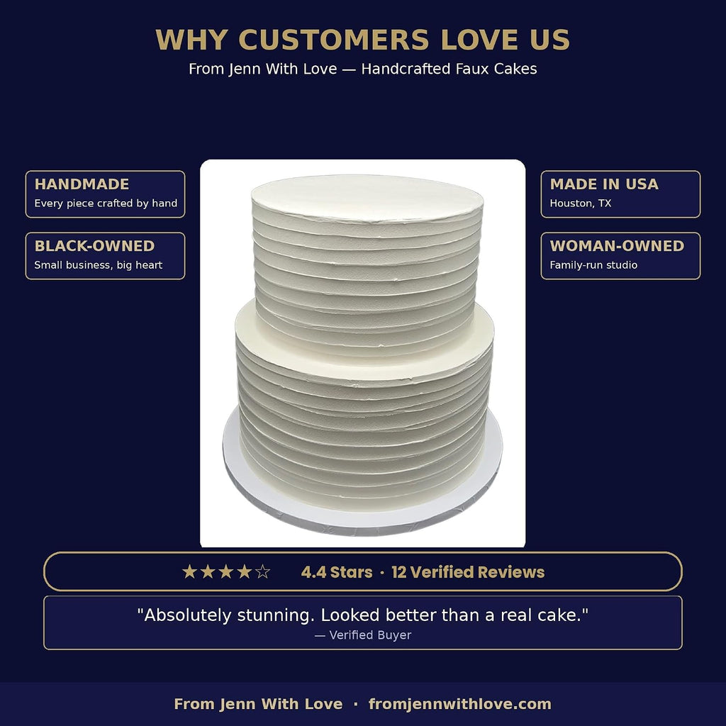FromJennWithLove 2 Tier Fake Wedding Cake, 12' Tall Handcrafted Ivory Display Cake – 4-Day Artisan Process, Made in USA – Reusable Centerpiece for Weddings & Bridal Showers