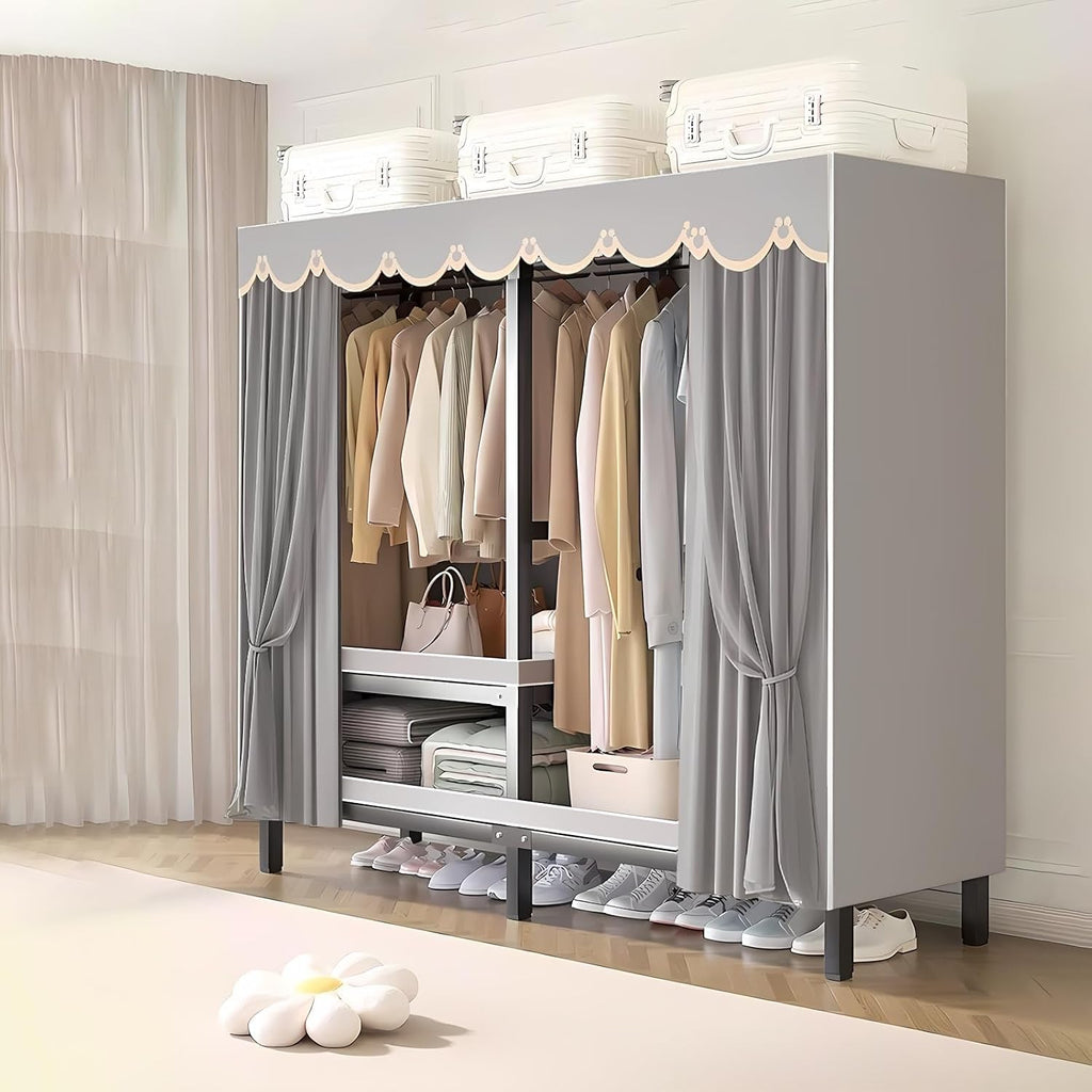 Large Foldable Clothing Rack With Cover Heavy Duty Metal Clothes Racks On Wheels Loads 2000LBS Covered Portable Wardrobe Closet For Hanging Clothes Freestanding Garment Rack For Bedroom(203cm/80in)