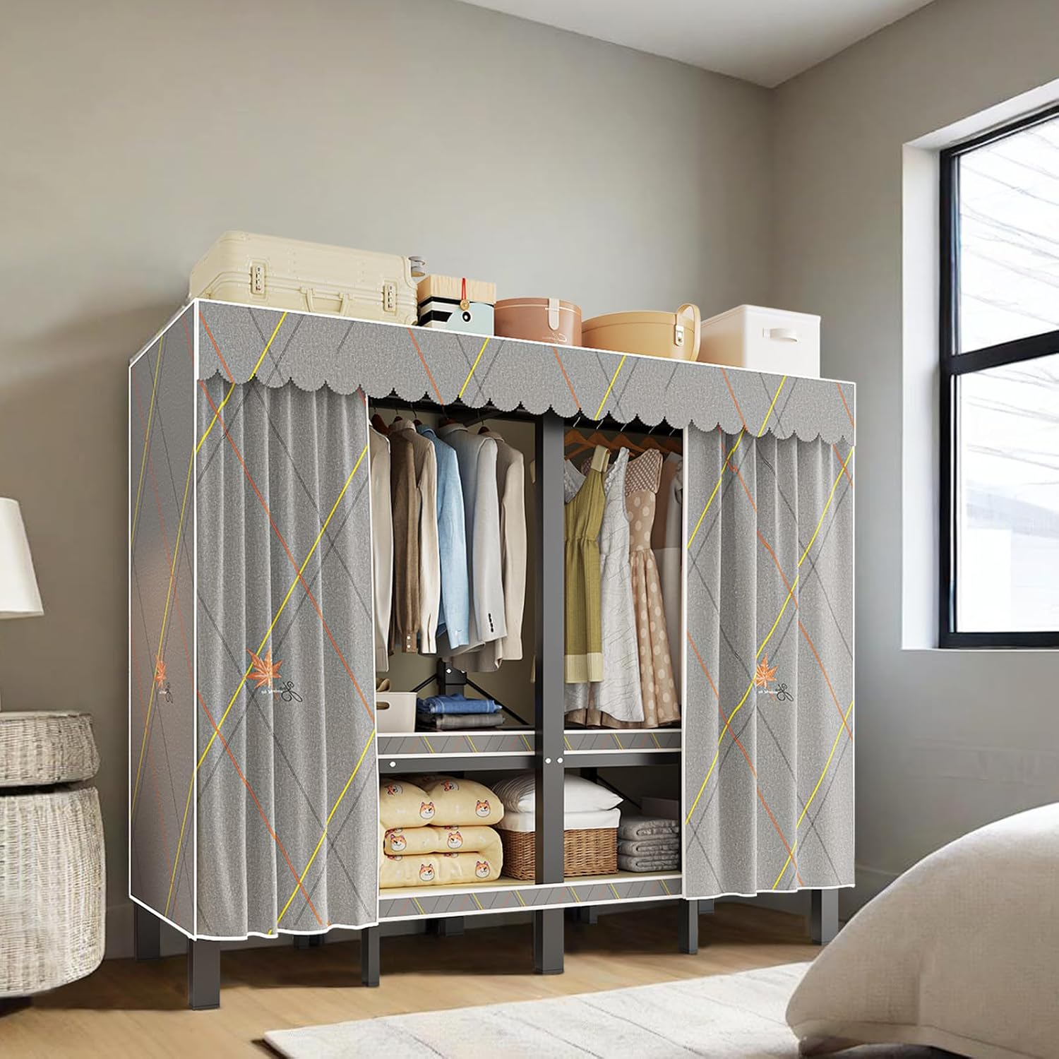 Portable Wardrobe Closet, Heavy Duty Clothing Rack for Hanging Clothes, Metal Clothes Rack with Cover and Hanging Rods, Freestanding Wardrobe Armoire Load 1000 LBS (Zipper style 70 inches/180cm)