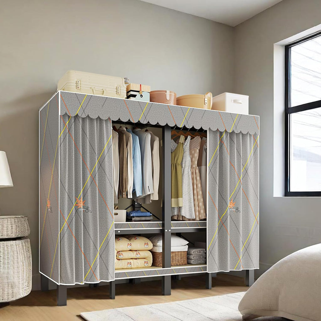 Portable Wardrobe Closet, Heavy Duty Clothing Rack for Hanging Clothes, Metal Clothes Rack with Cover and Hanging Rods, Freestanding Wardrobe Armoire Load 1000 LBS (Zipper style 59 inches/150cm)
