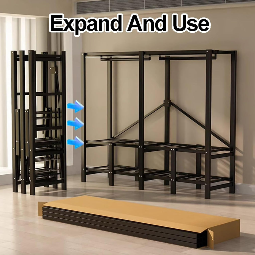 Portable Closet Wardrobe With Hanging Rods, Freestanding Clothing Garment Rack, Metal Closet Rack For Hanging Clothes, Heavy Duty Clothe Rack With Cover(E,192cm)