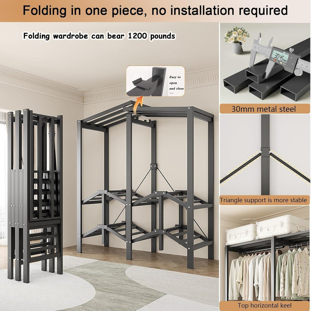 Heavy Duty Clothe Rack with Cover Load 1200lbs Foldable Portable Wardrobe Closets for Hanging Clothes Freestanding Clothing Garment Rack, Wardrobe Clothes Organizer(125cm)