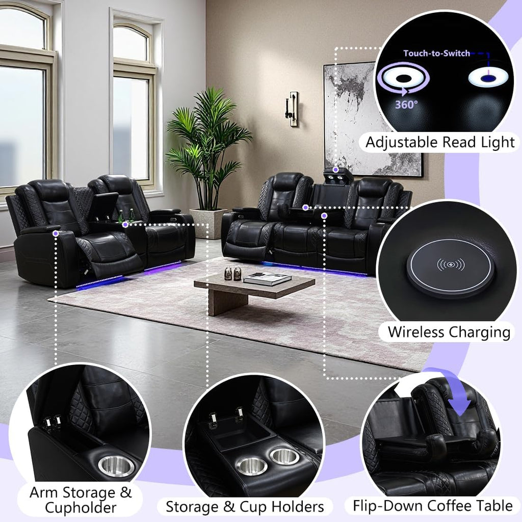 Power Theater Recliner Sofa Couch with LED, Breathing Leather Reclining Couch, Furniture for Living Room with Arm Storage/Cup Holders/Read Light/Home Theater/Office/Club, Black (3 Seater)