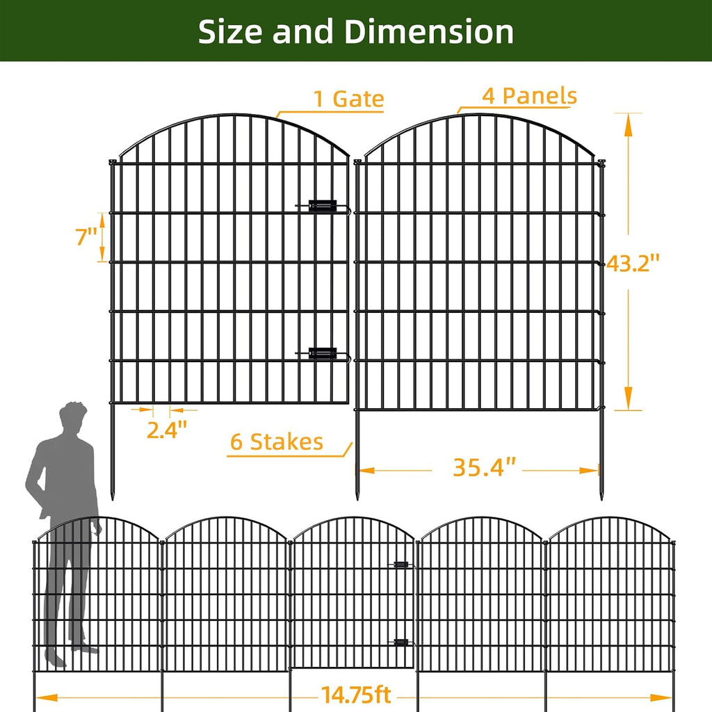 FOREHOGAR Heavy Duty Metal Garden Fences with Gate ECG1191, 1 Gate + 4 Fence Panels, 43.2in Tall and Total Length 14.75ft, Fencing for Dogs Animal Barrier Temporary Yard Border Outdoor, Black