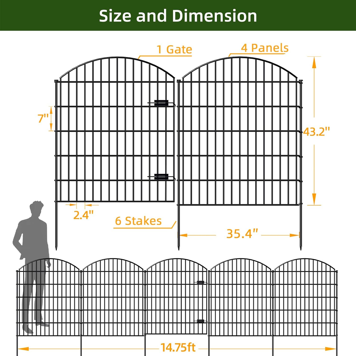 FOREHOGAR Heavy Duty Metal Garden Fences with Gate ECG1191, 1 Gate + 4 Fence Panels, 43.2in Tall and Total Length 14.75ft, Fencing for Dogs Animal Barrier Temporary Yard Border Outdoor, Black