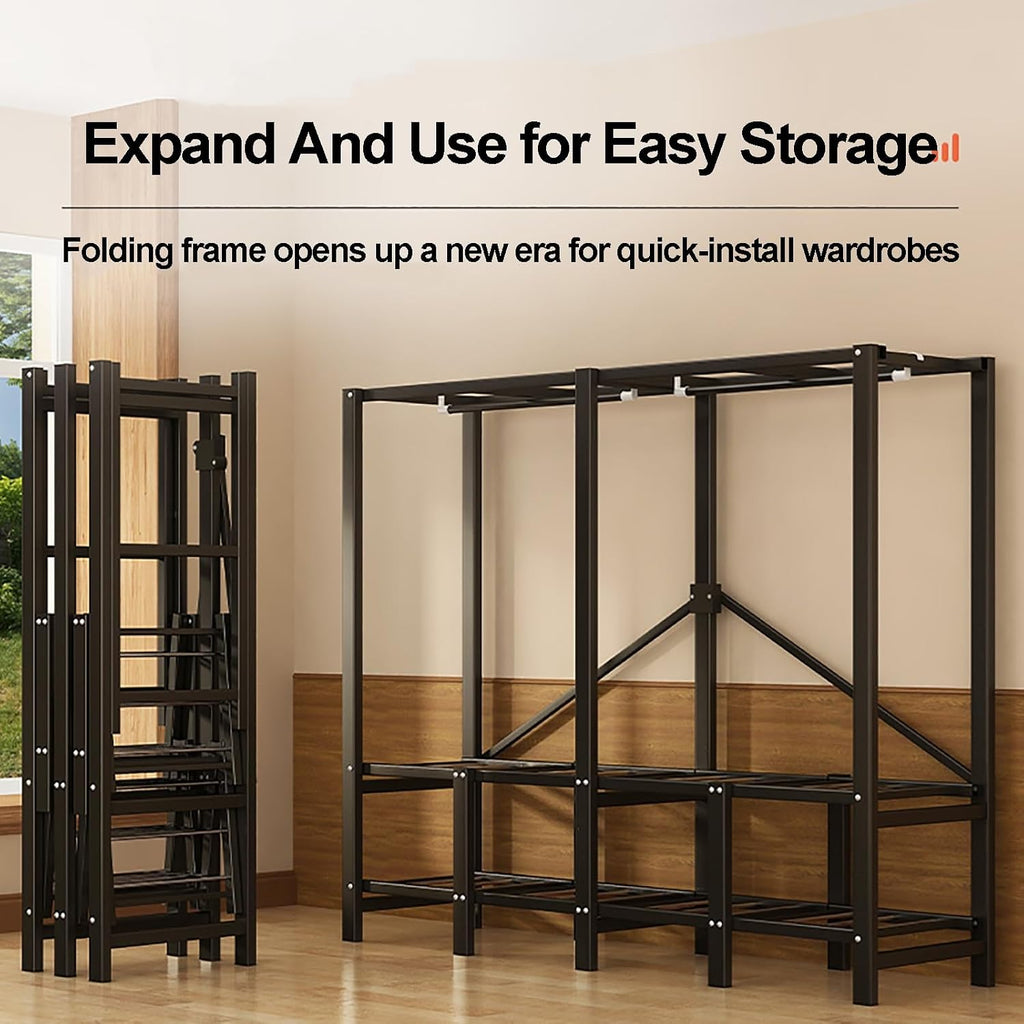 Heavy Duty Portable Wardrobe Closet With Cover, Foldable Heavy Duty Clothes Rack With Door, Freestanding Garment Rack For Bedroom Armoire Closet(B,151cm/59.4inch)