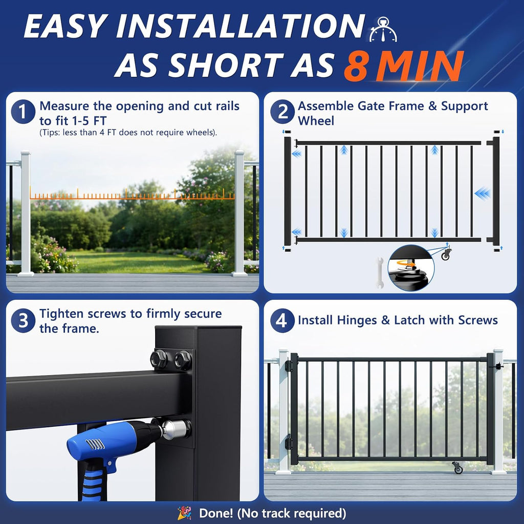 5ft Aluminum Deck Gate 36in H with Support Wheel, Cuttable Railing Gate Kit with Latch & Auto-Close Hinges, AAMA 2604 Textured Black Outdoor Gate for Deck, Porch, Patio