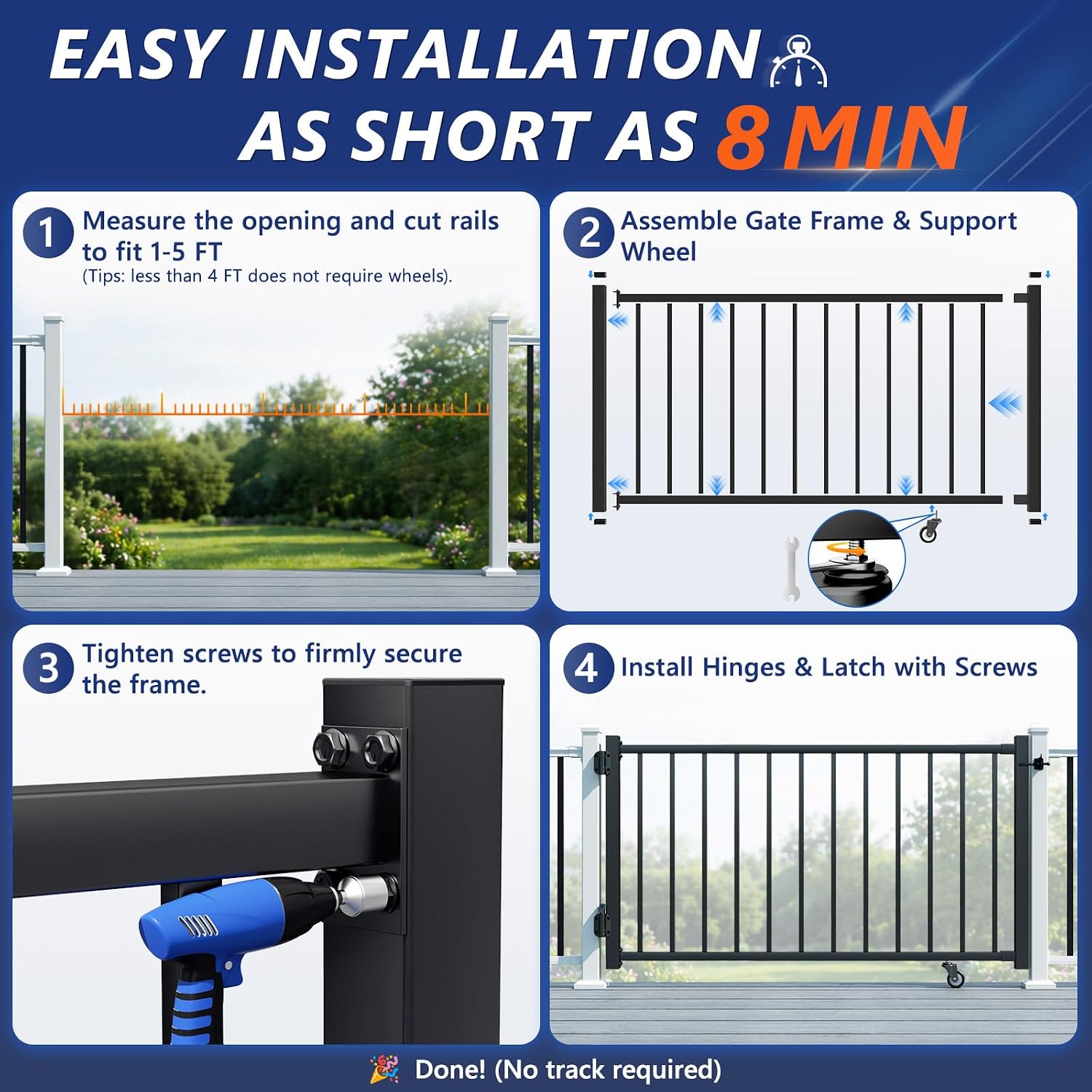 5ft Aluminum Deck Gate 36in H with Support Wheel, Cuttable Railing Gate Kit with Latch & Auto-Close Hinges, AAMA 2604 Textured Black Outdoor Gate for Deck, Porch, Patio