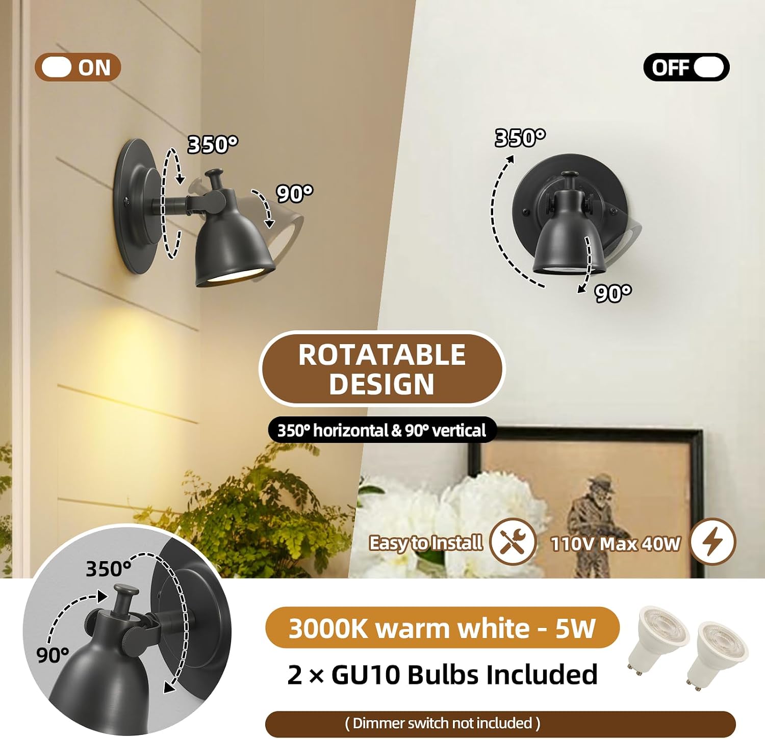 Black Wall Sconces Set of 2 Hardwired - Brass Matte Dimmable Indoor Small Bell Lights Fixtures Decor Set of Two for Bathroom Vanity Bedroom Bedside Hallway Living Room Kitchen Picture Lamp