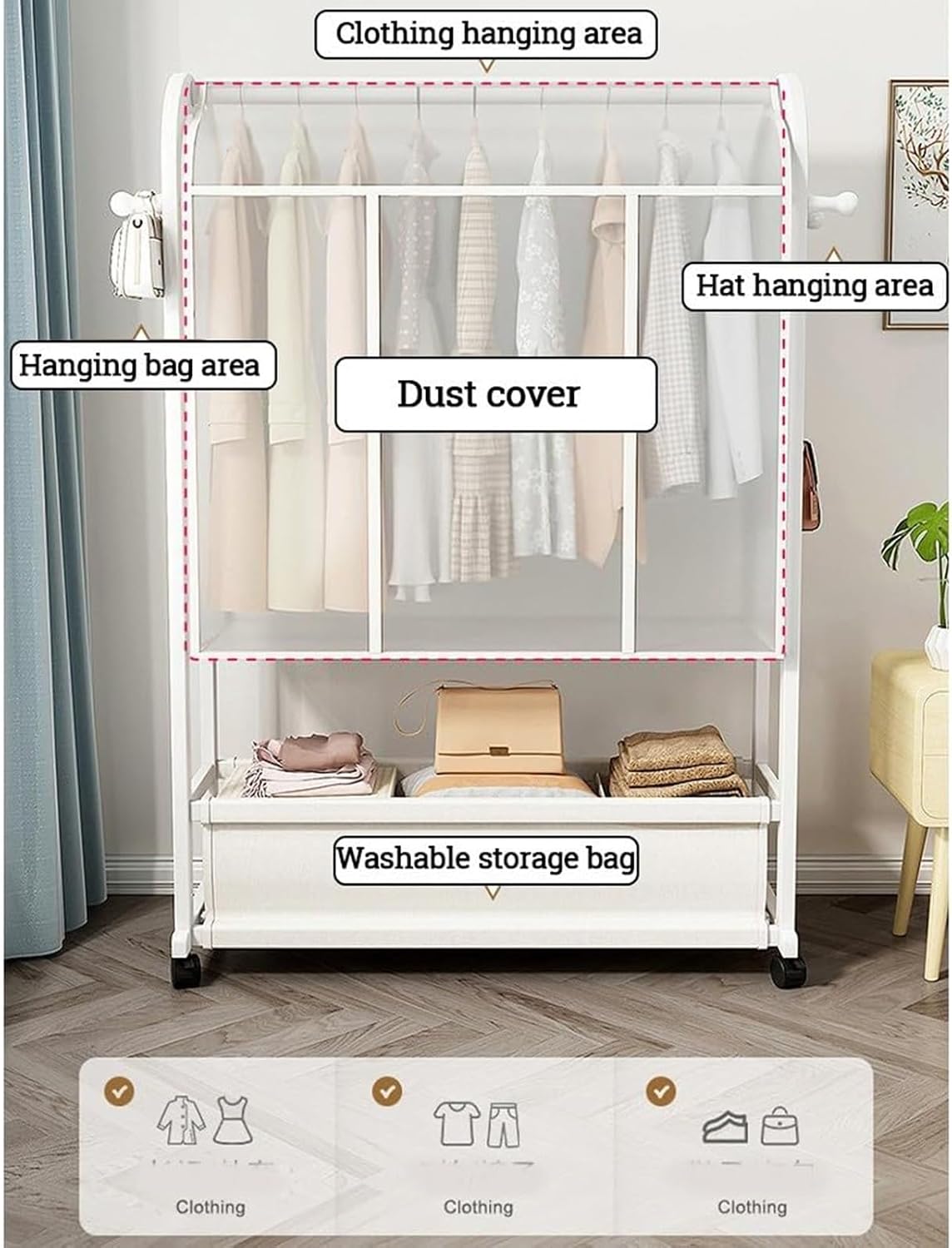 Bamboo Clothes Rails, Garment Rack On Wheels, Free Standing Garment Hanging Rails，with 1 Storage Bag with Dust Cover，for Dress, Pants, Shoes, for Bedroom Home Office(B,(50X32X165CM))