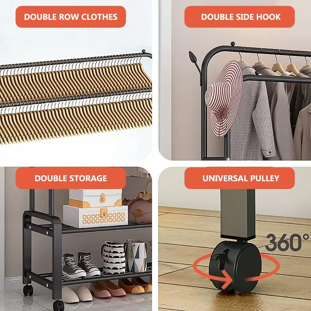 Shoe Bench Coat Stand Rack Hanger Metal clothes rack, Free-Standing Garment rack,Hanging rails for Clothes with Shoe Rack, Bedroom Heavy Duty Garment Rack, for Living Room, Hallway