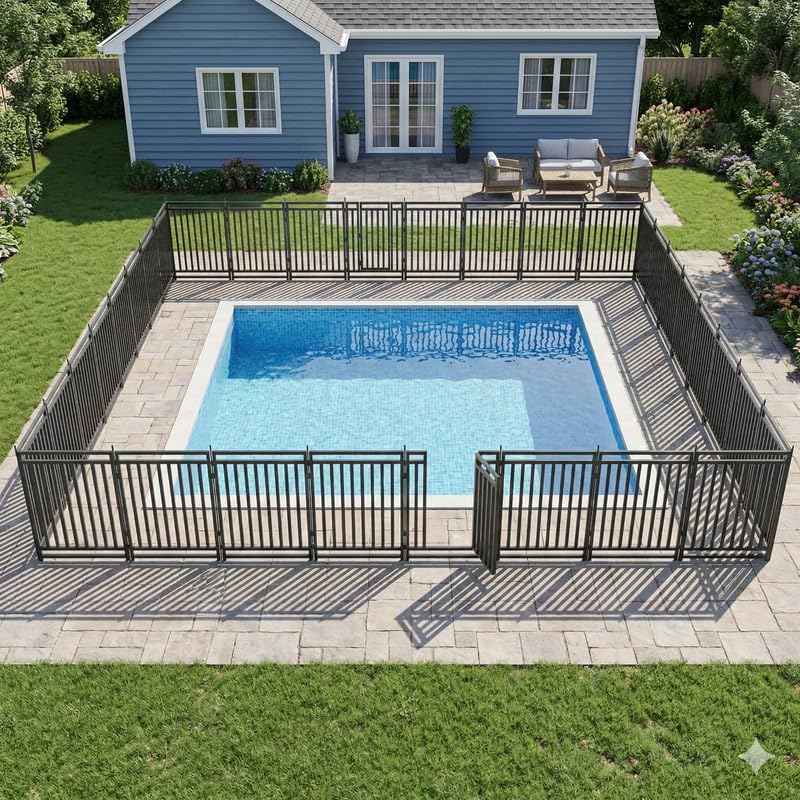 Metal Swimming Pool Fence 73ft (L) × 40in (H), 28 Panels & 4 Gates, In-Ground Pool Safety Fence with Reinforced Stakes, for Patios & Gardens, Black-Silver