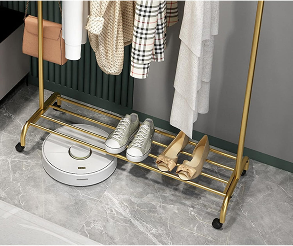 Heavy Duty Coat Rack, Garment Rack Modern Metal Clothes Rail On Wheels Freestanding Hanger with Shelves and 4 Hooks Space Saving Clothing Rack for Bedroom and Entrance Easy to Assemble (80X38X170CM)
