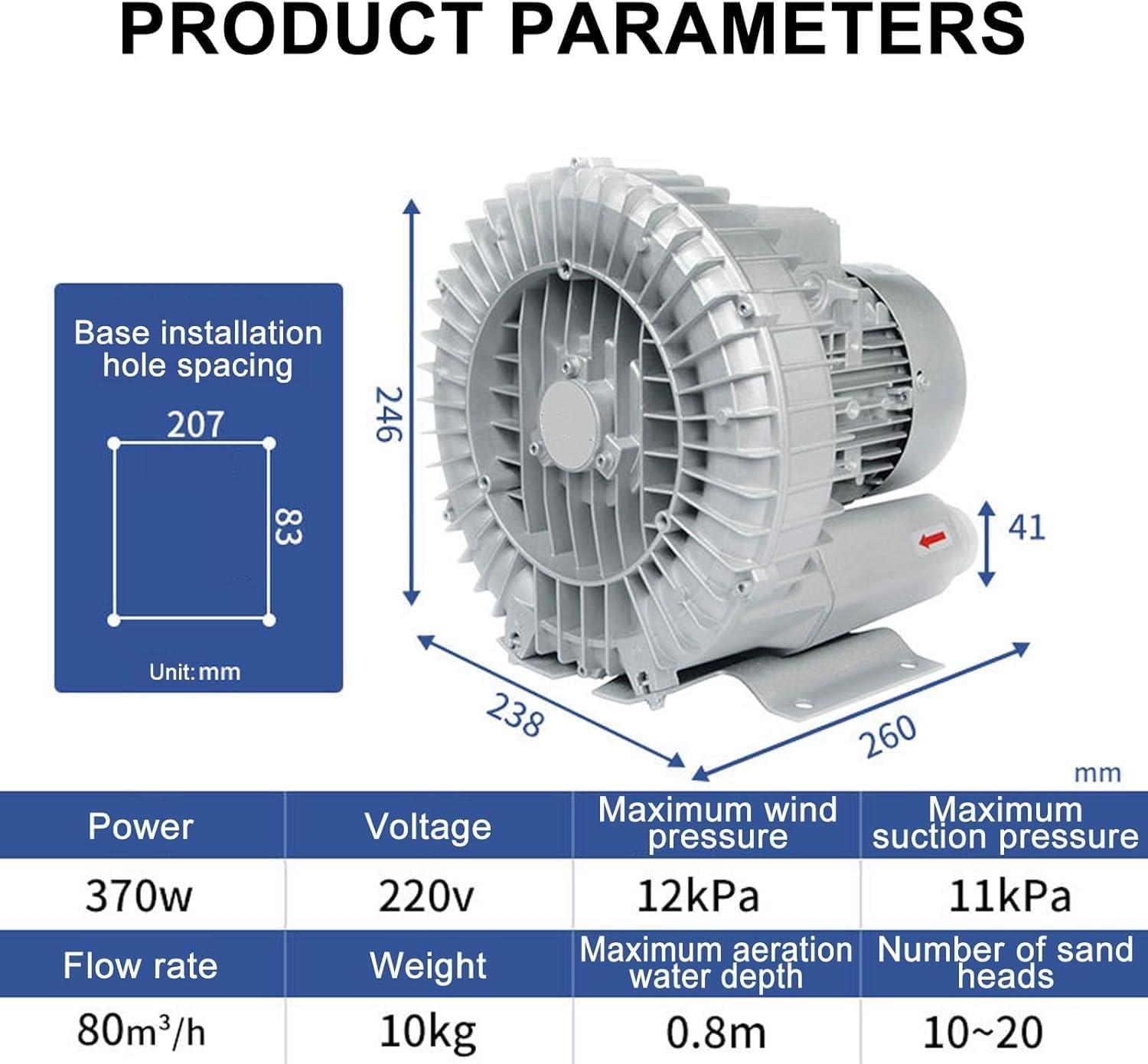 Regenerative Blower, Ring Blower for Sewage Aeration,Single/Three Phase Vortex Ring Blower, Low Noise, Industrial Vacuum Pump for Air Blowing or Suction(370W/220V)