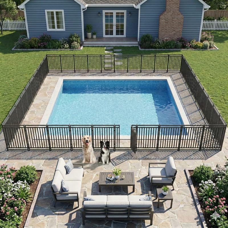 Metal Swimming Pool Fence 110ft (L) × 40in (H), 42 Panels & 6 Gates, In-Ground Pool Safety Fence with Reinforced Stakes, for Patios & Gardens, Black-Silver