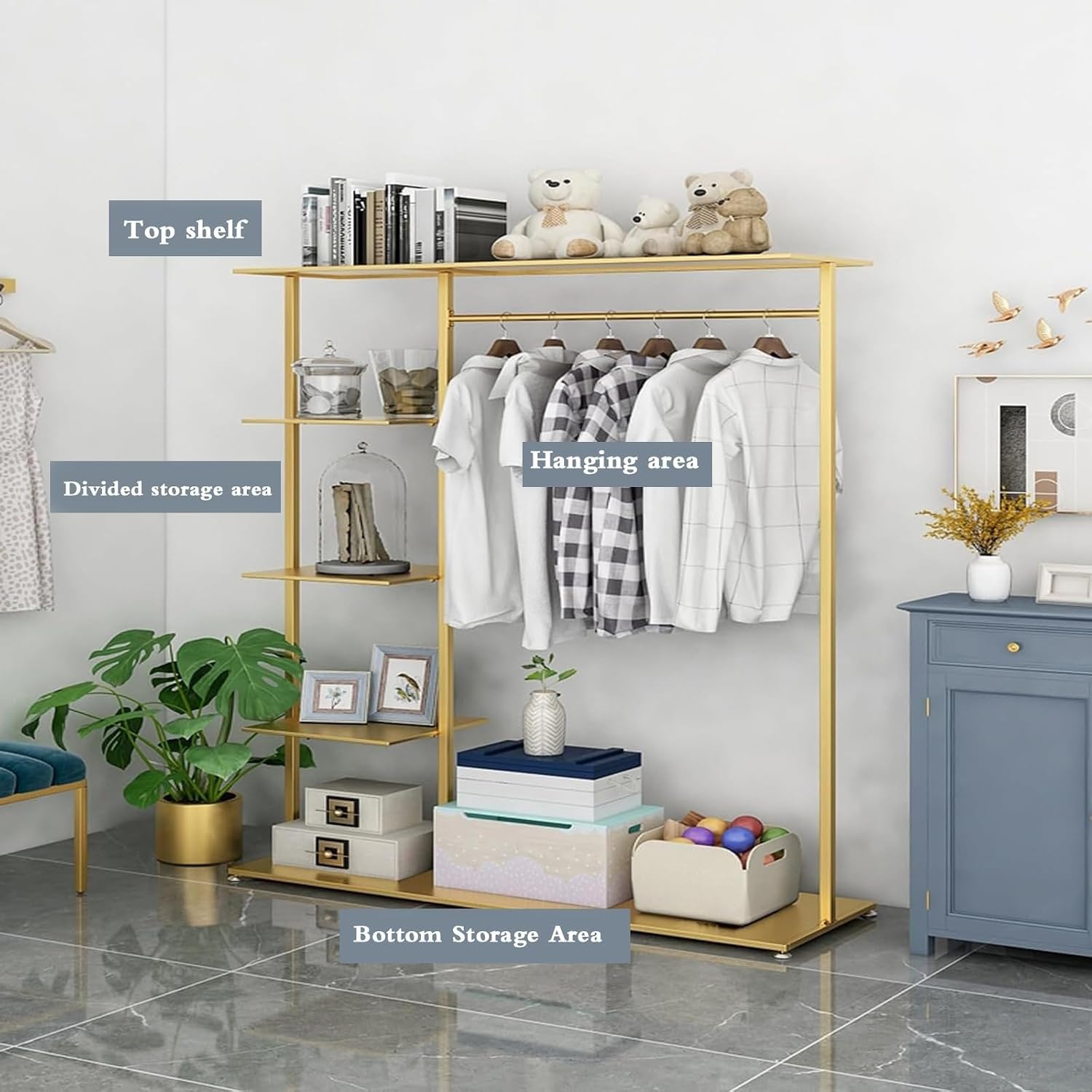 Hangers Display Stand - Garment Rack with Shelf, Metal Clothing Rack Free Standing Closet Organizer with 5 Tier Shelf,Large Clothing Display Stand for Home, Clothing(One Color-100 * 40 * 155cm