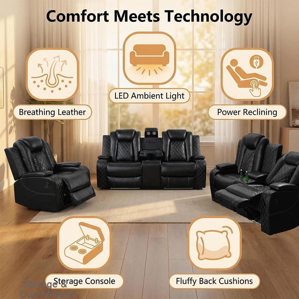 Pon Living Luxurious Leather Reclining Sofa Set with LED, Power Recliner Sofa Set, Living Room Furniture Sets with Cup Holders/USB Port & Storage Consoles for House/Home Theater