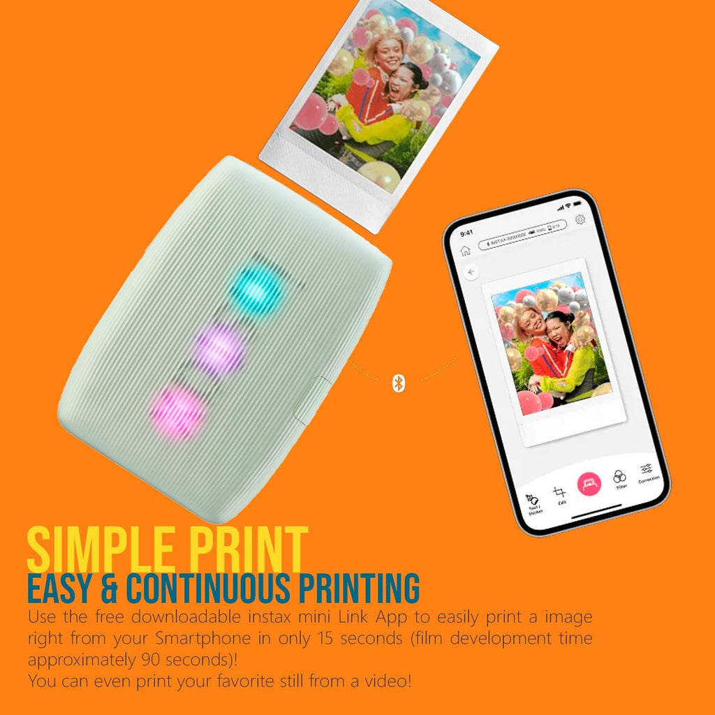 Fujifilm Instax Mini Link 3 Compact Smartphone Printer with Instax AiR Studio App (Sage Green) Bundle with Focus Camera Polaroid Film Kit and Fujifilm Instax Mini Twin Film Pack (3 Items)