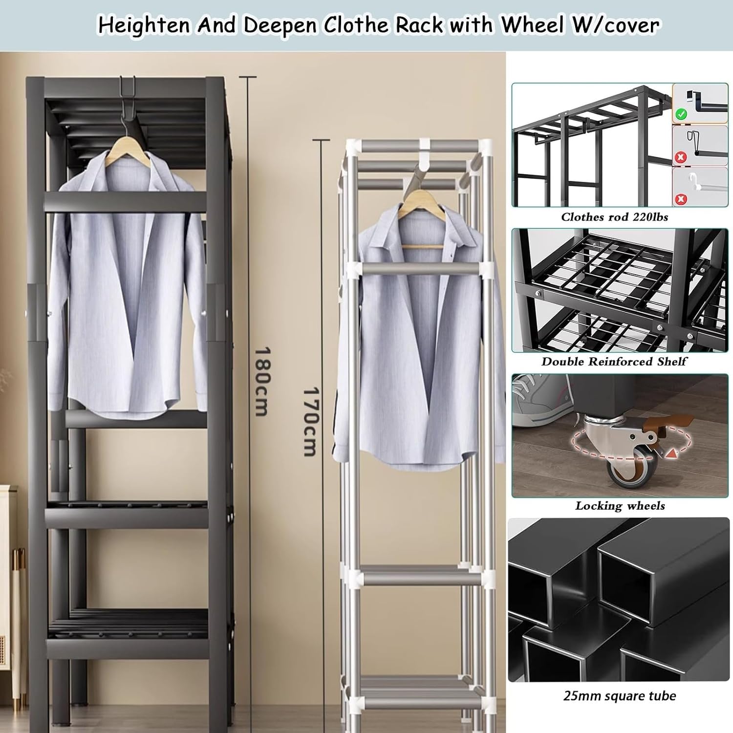 Heavy Duty Clothe Rack with Cover Load 1200lbs Foldable Portable Wardrobe Closets for Hanging Clothes Freestanding Clothing Garment Rack, Wardrobe Clothes Organizer(150cm(Wheel))