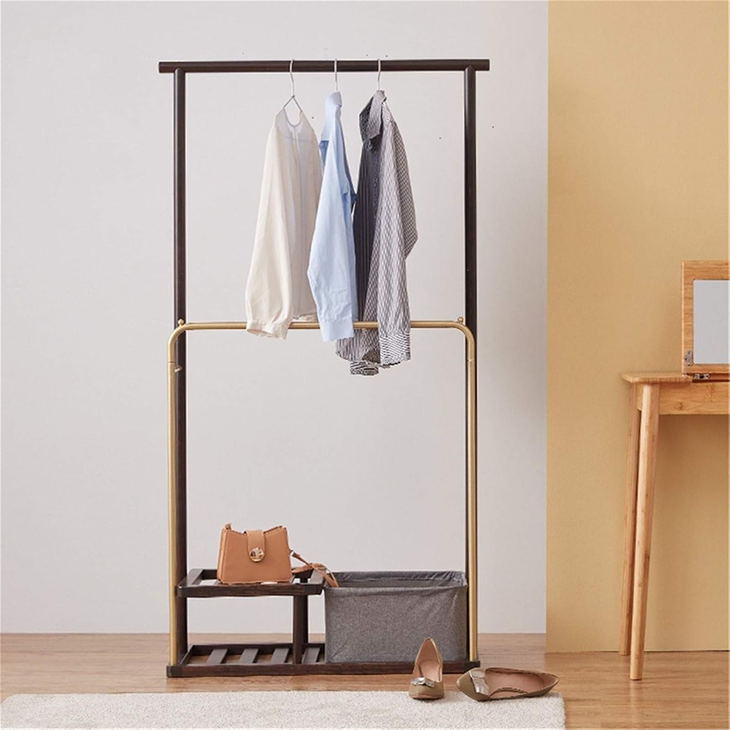 Garment Rail Senior Coat Rack, Stylish Coat Pipe Shelf with Fabric Storage Basket2 Shelves, Freestanding Garment RackBathrobes, Towels, Sheets, Shirts, Scarves, Handbags