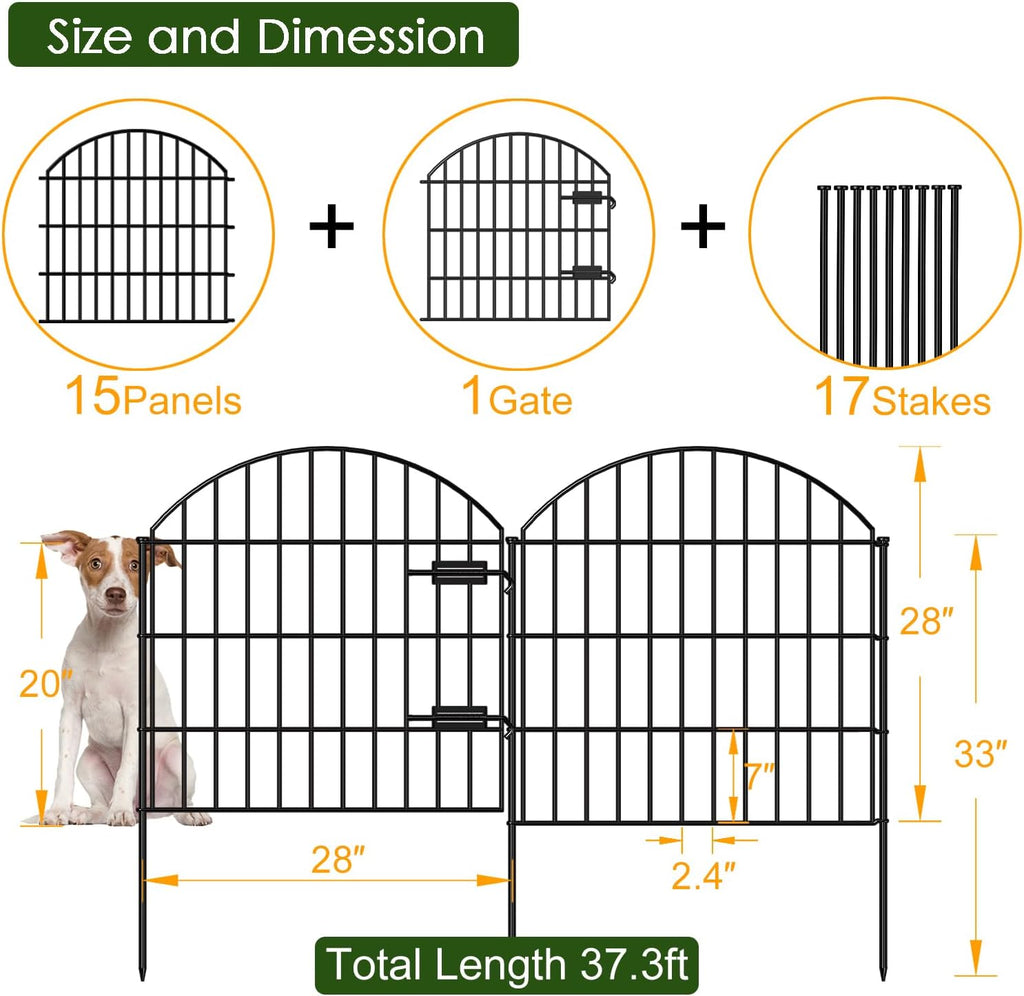 FOREHOGAR Metal Garden Fence with Gate 28in (H) x 37.3ft (L), 1 Gate + 15 Panels Dog Fences Border Fence Animal Barrier, No Dig Garden Fencing for Yard Backyard Landscape, ECG2816G Black
