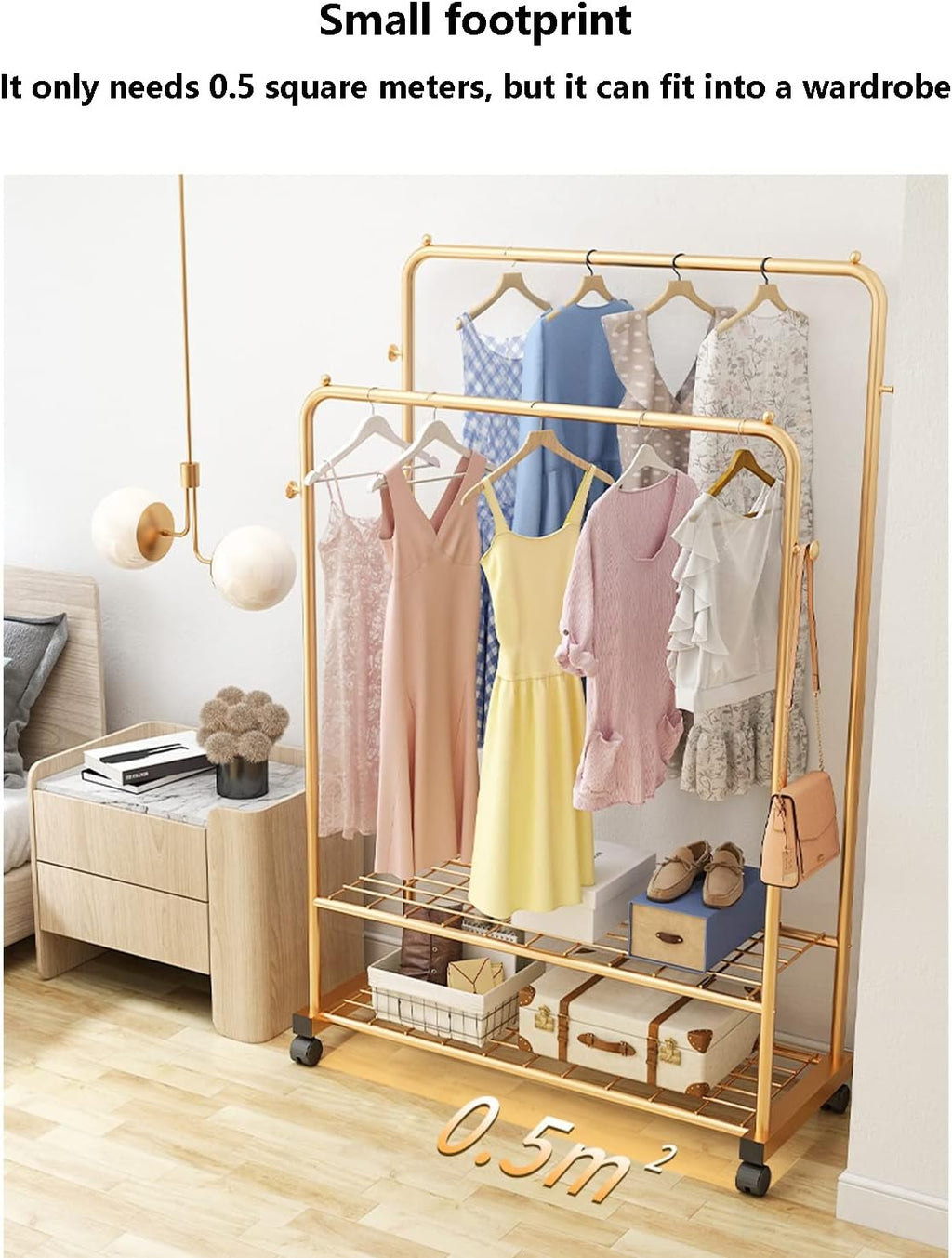 Heavy Duty Double Clothes Rail - Freestanding Garment Hanger with 2-Tier Shelves & 4 Castors - Metal Coat Rack for Dresses, Shirts & Clothing Storage - Versatile Clothing Drye