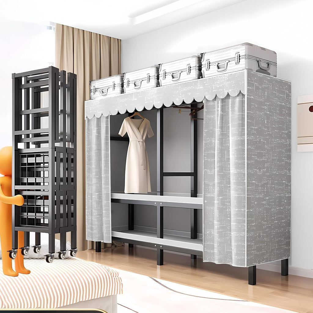 Large Wardrobe Clothes Organizer, Heavy-Duty Portable Clothe Rack With Cover Foldable Metal Garment Rack On Wheels Freestanding Rolling Clothing Coat Storage Rack 20.4in Width Load 2000lbs(203cn/80in)