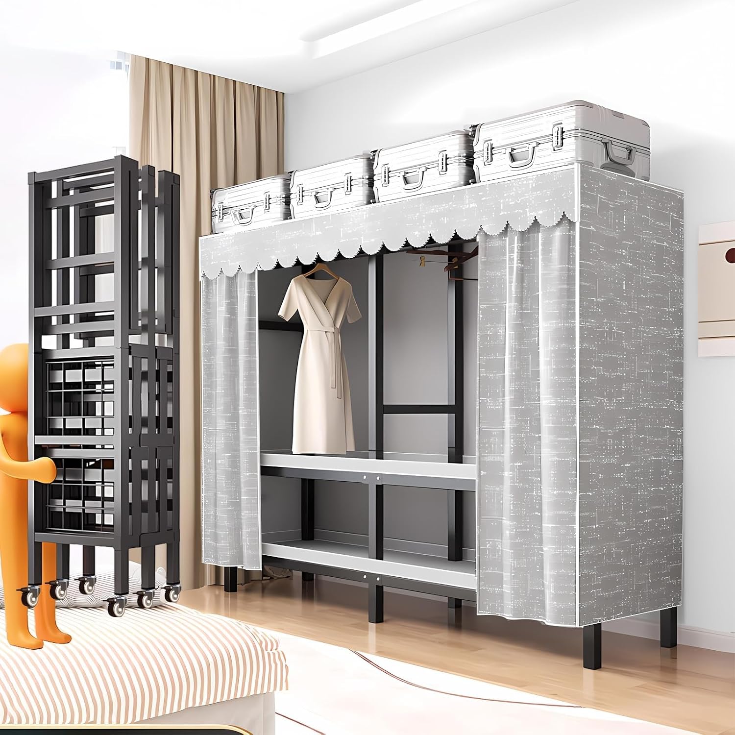 Large Wardrobe Clothes Organizer, Heavy-Duty Portable Clothe Rack With Cover Foldable Metal Garment Rack On Wheels Freestanding Rolling Clothing Coat Storage Rack 20.4in Width Load 2000lbs(180cm/70.87