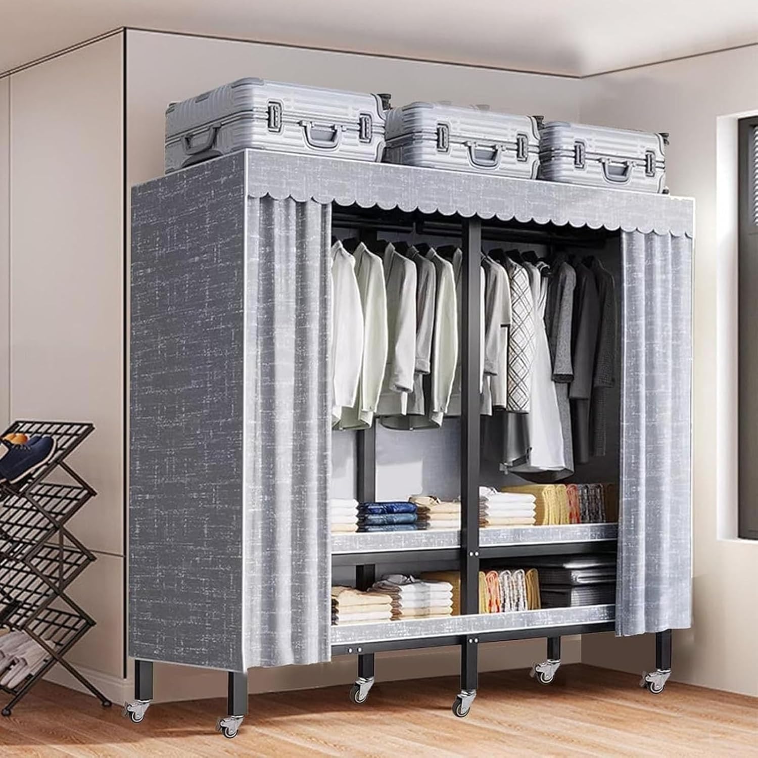 Heavy Duty Portable Wardrobe Closet Rack,1100lbs, Foldable Garment Rack With Cover，Freestanding Clothes Organizer System,enclosed Curtain Armoires For Hanging Clothes For Bedroom(190*52*170cm)